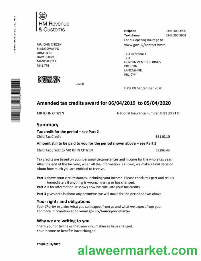 United Kingdom HM Revenue & Customs tax credits award statement template in Word and PDF format (.doc and .pdf)